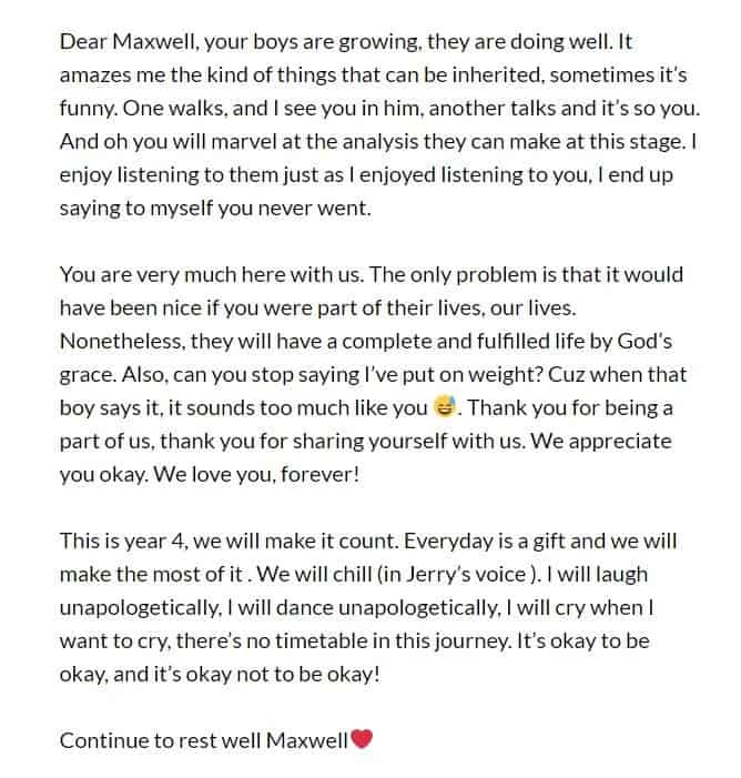 "Dear Maxwell, your boys are growing up, they are doing well"- Barbara Mahama writes emotional letter to her late husband.
